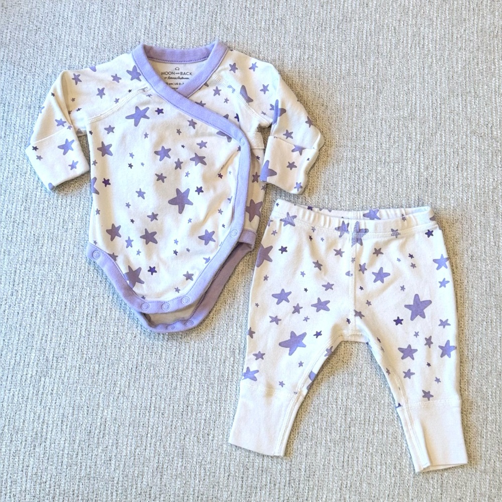 Hanna Andersson Baby Girl 0-3 Month Set Onesie Pants Purple Moon and Back Stars